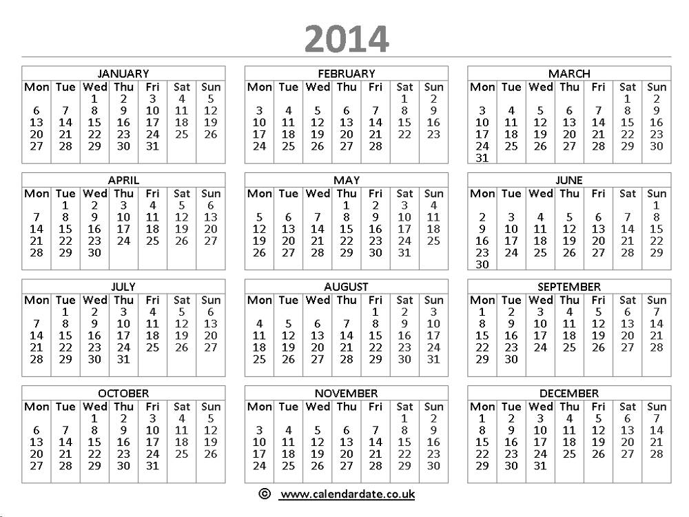 2014 calendar color
